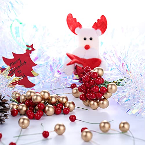 150 Pieces Christmas Artificial Holly Berries Red Gold Christmas Fake Berries Christmas Winter Artificial Fruit Berries Picks Xmas Holly Berry Decors on Wire Stems for Christmas Wreath Craft Making