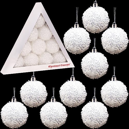 10-60mm Iridescent White Sparkle Christmas Tree Baubles Set