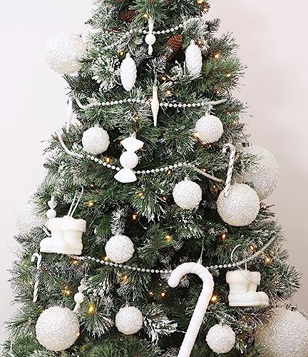 10-60mm Iridescent White Sparkle Christmas Tree Baubles Set