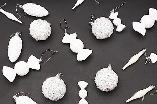 10-60mm Iridescent White Sparkle Christmas Tree Baubles Set
