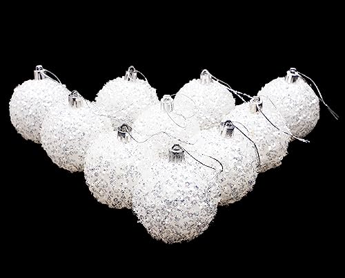10-60mm Iridescent White Sparkle Christmas Tree Baubles Set