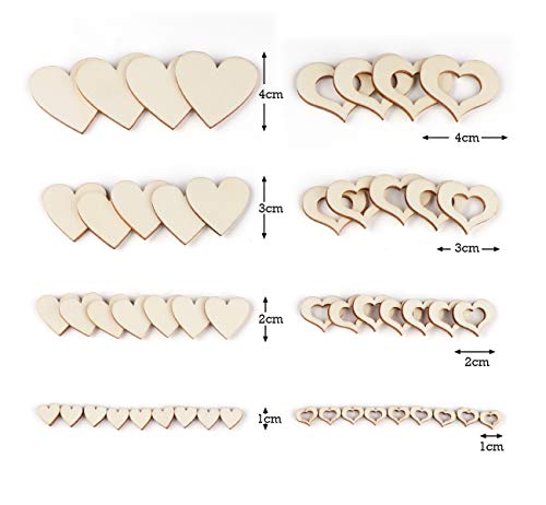 ilauke 500Pcs Wooden Heart Embellishments, Mixed Wood Heart Slices for Scrap Book DIY Crafting, Personalized Gifts, Wedding and Party Decoration 1cm 2cm 3cm 4cm
