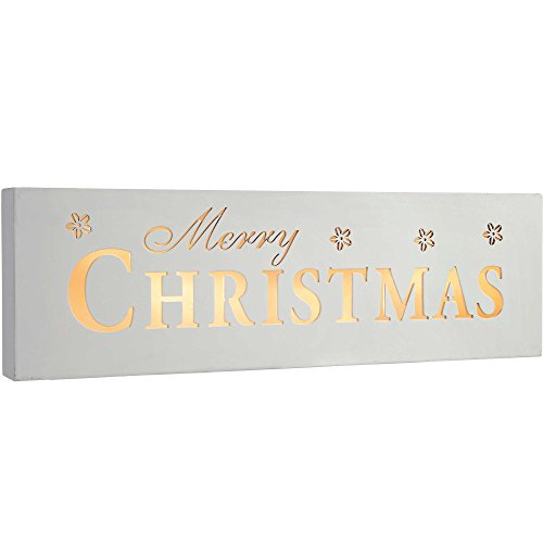 WeRChristmas Pre-Lit LED Merry Christmas Sign Decoration, Wood, 38 cm - White