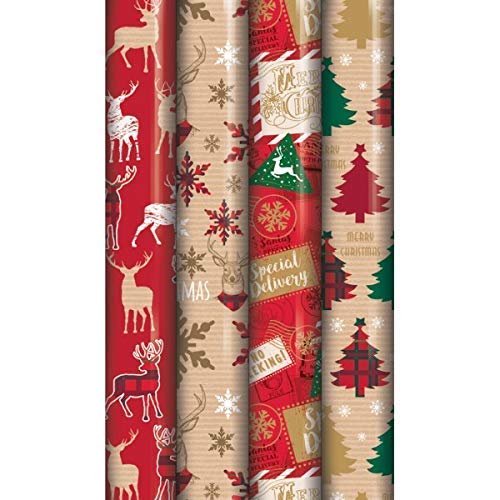 4 x 8M Festive Christmas Tartan Reindeer Wrapping Paper