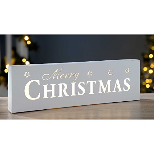WeRChristmas Pre-Lit LED Merry Christmas Sign Decoration, Wood, 38 cm - White