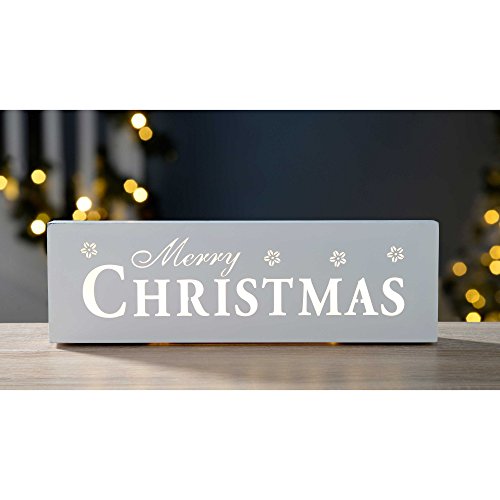 WeRChristmas Pre-Lit LED Merry Christmas Sign Decoration, Wood, 38 cm - White