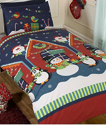 Father Christmas Kids Xmas Snowman Penguin Santa Quilt Duvet Cover and Pillowcase Bedding Bed Set, Multi-Colour, 2 pcs , Single