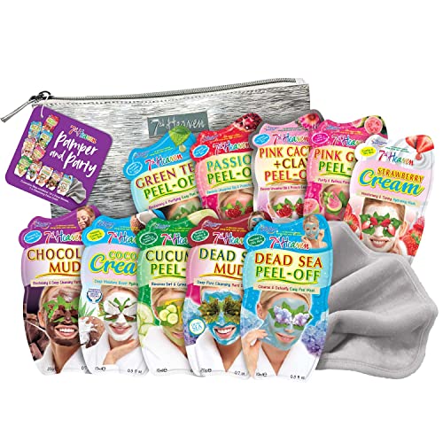 7th Heaven 'Pamper and Party' Face Mask Gift Set - 10 Moisturising and Cleansing Beauty Skin Care Masks, Silver Cosmetic Bag and Soft Cleansing Face Cloth