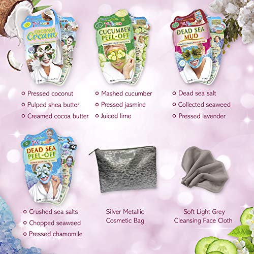  7th Heaven 'Pamper and Party' Face Mask Gift Set - 10 Moisturising and Cleansing Beauty Skin Care Masks, Silver Cosmetic Bag and Soft Cleansing Face Cloth