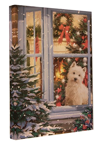 Christmas Puppy Light Up Canvas Wall Art by Clever Creations | Dog Sitting in a Window | Bright LEDs | Festive Holiday Décor | Attached Hanging Mount | Measures 12” x 16” | Battery Powered
