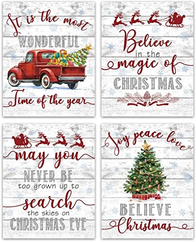 HPNIUB Christmas Decoration,Christmas Art Prints Set of 4 (8”X10”,Frameless),Christmas Wall Art,Reindeer Santa Claus Canvas Poster,Christmas Quotes Wall Art for Living Room Kids Bedroom Home Decor