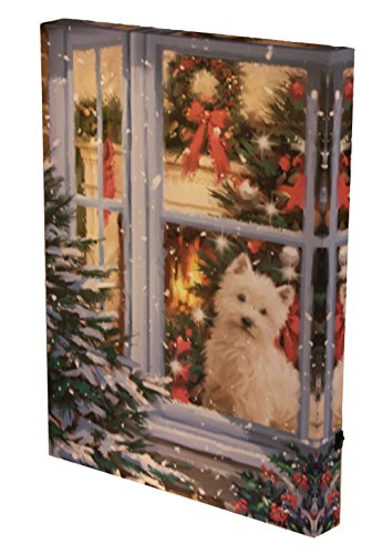 Christmas Puppy Light Up Canvas Wall Art by Clever Creations | Dog Sitting in a Window | Bright LEDs | Festive Holiday Décor | Attached Hanging Mount | Measures 12” x 16” | Battery Powered