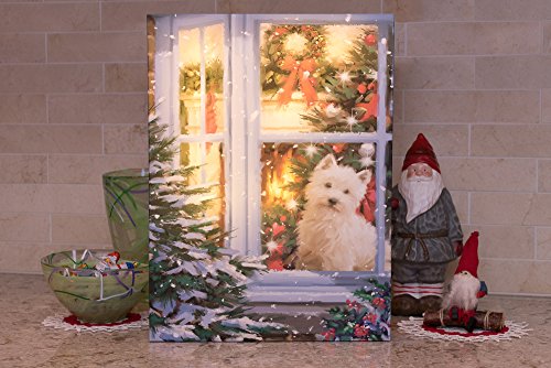 Christmas Puppy Light Up Canvas Wall Art by Clever Creations | Dog Sitting in a Window | Bright LEDs | Festive Holiday Décor | Attached Hanging Mount | Measures 12” x 16” | Battery Powered