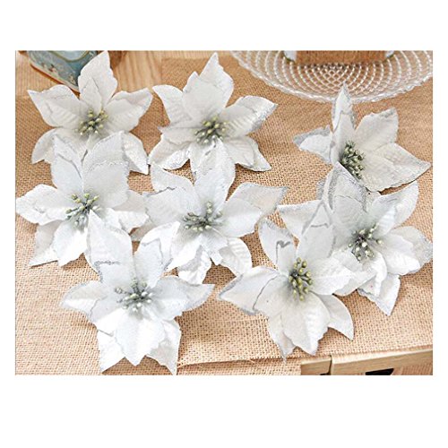 8pcs Silver Glitter Artificial Poinsettia Flowers for Christmas Decoration for home use & Wedding Party wreaths & garlands