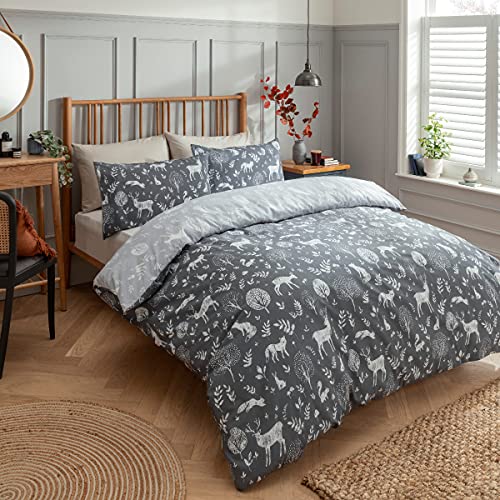 Sleepdown Woodland Animals Charcoal Grey White Reversible Duvet Cover Quilt and Pillow Cases Bedding Set Easy Care - King (230cm x 220cm)