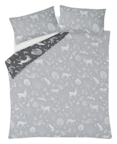 Sleepdown Woodland Animals Charcoal Grey White Reversible Duvet Cover Quilt and Pillow Cases Bedding Set Easy Care - King (230cm x 220cm)