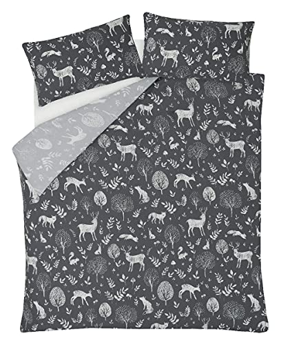 Sleepdown Woodland Animals Charcoal Grey White Reversible Duvet Cover Quilt and Pillow Cases Bedding Set Easy Care - King (230cm x 220cm)