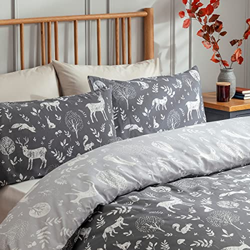 Sleepdown Woodland Animals Charcoal Grey White Reversible Duvet Cover Quilt and Pillow Cases Bedding Set Easy Care - King (230cm x 220cm)