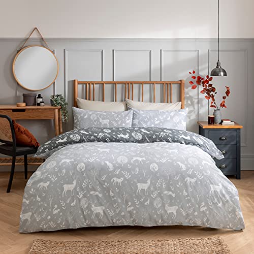 Sleepdown Woodland Animals Charcoal Grey White Reversible Duvet Cover Quilt and Pillow Cases Bedding Set Easy Care - King (230cm x 220cm)