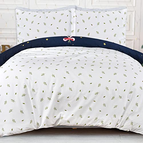 Sleepdown Merry Christmas Holly Tree Navy White Reversible Duvet Cover Quilt Bedding Set with Pillowcase Soft Easy Care Bed Linen - Single (135cm x 200cm)