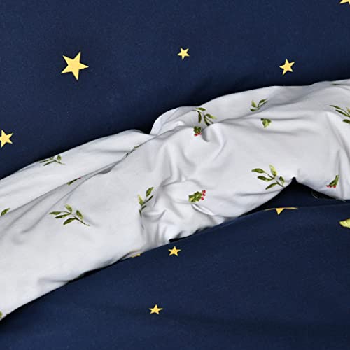 Sleepdown Merry Christmas Holly Tree Navy White Reversible Duvet Cover Quilt Bedding Set with Pillowcase Soft Easy Care Bed Linen - Single (135cm x 200cm)