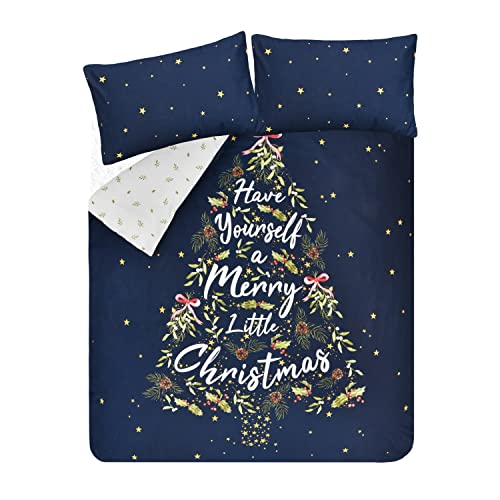 Sleepdown Merry Christmas Holly Tree Navy White Reversible Duvet Cover Quilt Bedding Set with Pillowcase Soft Easy Care Bed Linen - Single (135cm x 200cm)