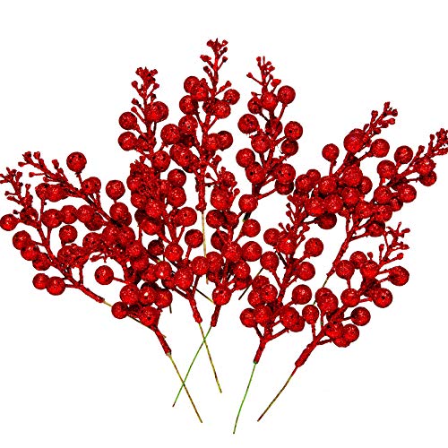 Whaline 12Pcs Christmas Glitter Berries Stems 8.3 Inch Artificial Fruit Berry Picks Holly Berry Twig for Xmas Tree Ornament DIY Craft Christmas Wreath Garland Winter Holiday Decoration, Red