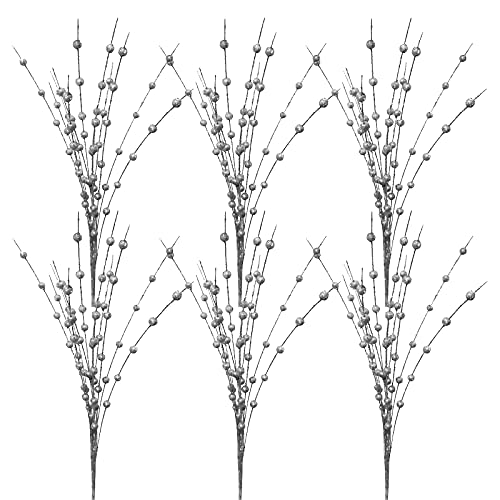 MSUIINT 6PCS Christmas Silver Berry Twig Stem,10-Head Christmas Glitter Berries Stems,40cm Artificial Fruit Berry Picks Holly Berry Twig