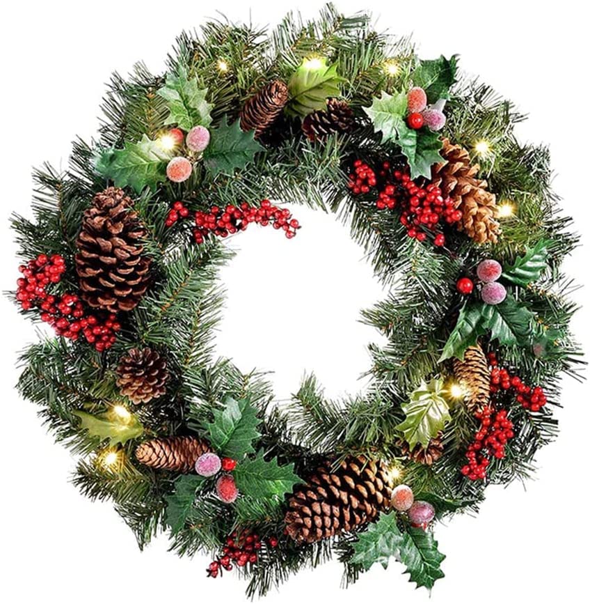 Pre Lit Christmas Wreaths for Front Door with Lights, Natural Pine Cone and Berry Light Up Artificial Wreaths for Window Fireplace Wall Decor Indoor Outdoor Home Christmas Decor (40cm/16inch)