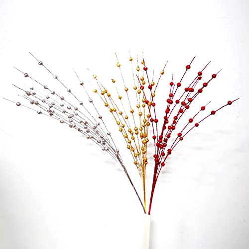 MSUIINT 6PCS Christmas Silver Berry Twig Stem,10-Head Christmas Glitter Berries Stems,40cm Artificial Fruit Berry Picks Holly Berry Twig