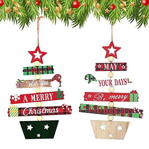 2 Pcs Christmas Tree Wooden Decoration, Xmas Hanging Tree Ornaments Christmas Wood Tree Pendant Baubles Creative Wood Crafts Accessories for Christmas Tree Home Window Door Decor Party Supplies