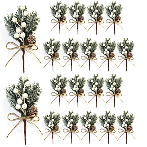 HJHIWE White Berry Stems Pine Branches 20Pack, Christmas Picks Spray Artificial Pine Cones Holly Stem Craft, Winter Holiday Floral Picks Holly Stem for Xmas Garland Wreath Ornaments.