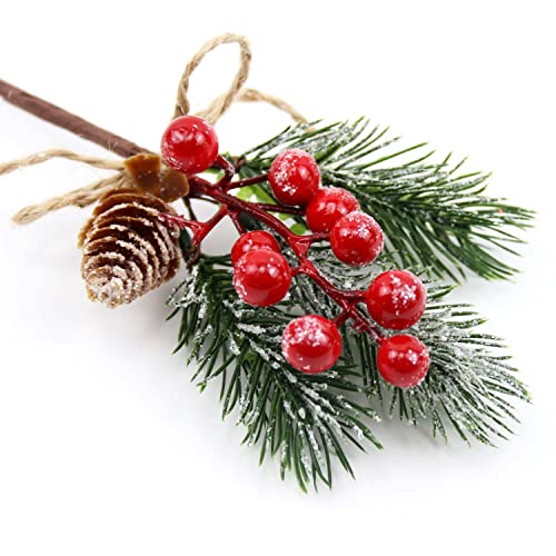 Feizeisun 10PCS Glitter Red Christmas Berries Stems Toppers Artificial Pine Picks and Sprays Holly Xmas Berry Picks with Pinecones Christmas Foliage for Crafts Garland Wreath Home Decor