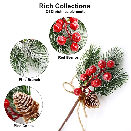 Feizeisun 10PCS Glitter Red Christmas Berries Stems Toppers Artificial Pine Picks and Sprays Holly Xmas Berry Picks with Pinecones Christmas Foliage for Crafts Garland Wreath Home Decor