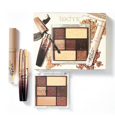 Technic 3Pc Chocolate Truffle Eye Make Up Gift Set - Lash & Brow Serum, 7 Shade Eyeshadow Palette & Epic Lash Mascara - Vegan and Cruelty Free
