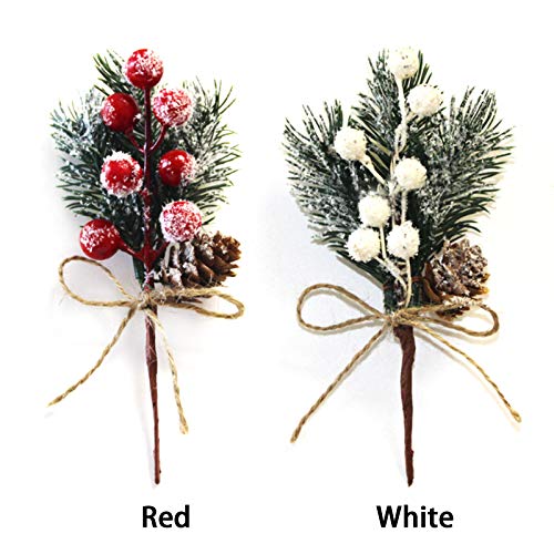 HJHIWE White Berry Stems Pine Branches 20Pack, Christmas Picks Spray Artificial Pine Cones Holly Stem Craft, Winter Holiday Floral Picks Holly Stem for Xmas Garland Wreath Ornaments.