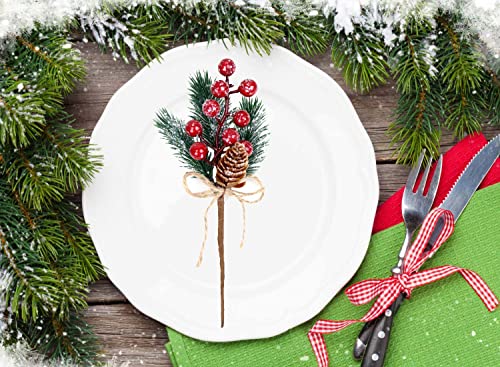 Feizeisun 10PCS Glitter Red Christmas Berries Stems Toppers Artificial Pine Picks and Sprays Holly Xmas Berry Picks with Pinecones Christmas Foliage for Crafts Garland Wreath Home Decor