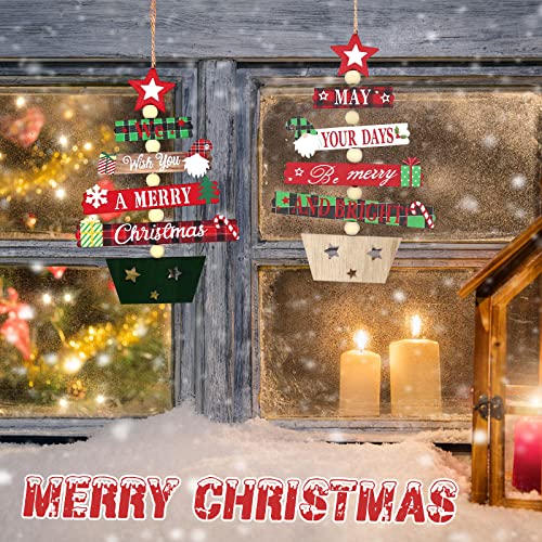 2 Pcs Christmas Tree Wooden Decoration, Xmas Hanging Tree Ornaments Christmas Wood Tree Pendant Baubles Creative Wood Crafts Accessories for Christmas Tree Home Window Door Decor Party Supplies