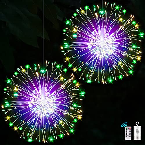 yowin Firework Lights 2 Pack 198 LED Gazebo Lights Battery Operated, 8 Modes Garden Hanging Lights with Remote, Waterproof Starburst Lights for Tree Fence Indoor Outdoor Decorations - Multicolor