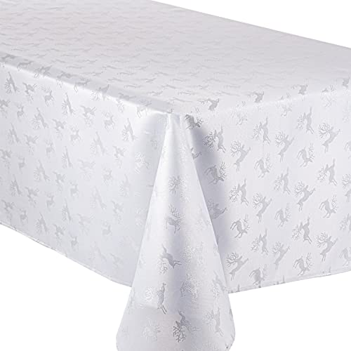 Embossed Metallic Deer Christmas Tablecloth - White & Silver