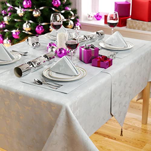 Embossed Metallic Deer Christmas Tablecloth - White & Silver