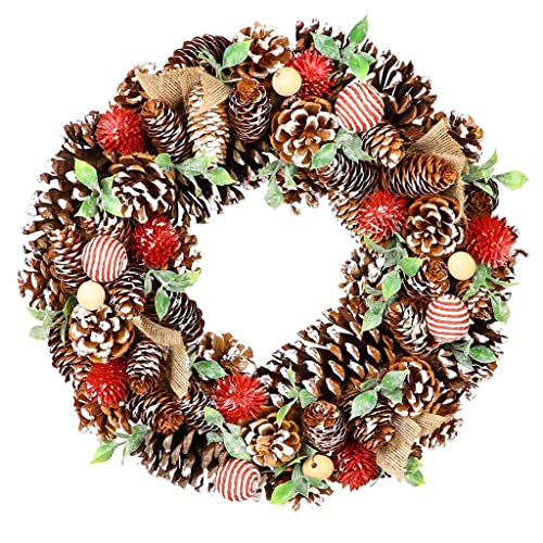 15" Decorated Red Winter Rose, Cotton & Pine Cone Artificial Winter Wreath (BM90)