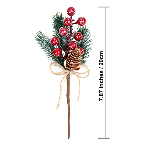 Feizeisun 10PCS Glitter Red Christmas Berries Stems Toppers Artificial Pine Picks and Sprays Holly Xmas Berry Picks with Pinecones Christmas Foliage for Crafts Garland Wreath Home Decor