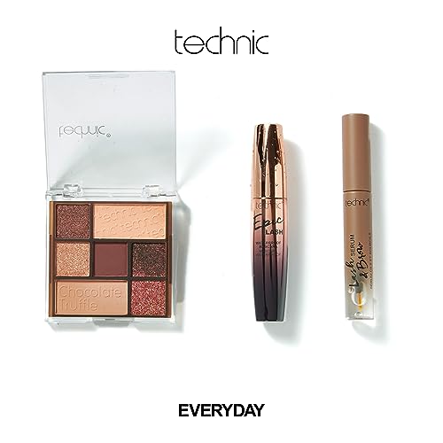 Technic 3Pc Chocolate Truffle Eye Make Up Gift Set - Lash & Brow Serum, 7 Shade Eyeshadow Palette & Epic Lash Mascara - Vegan and Cruelty Free
