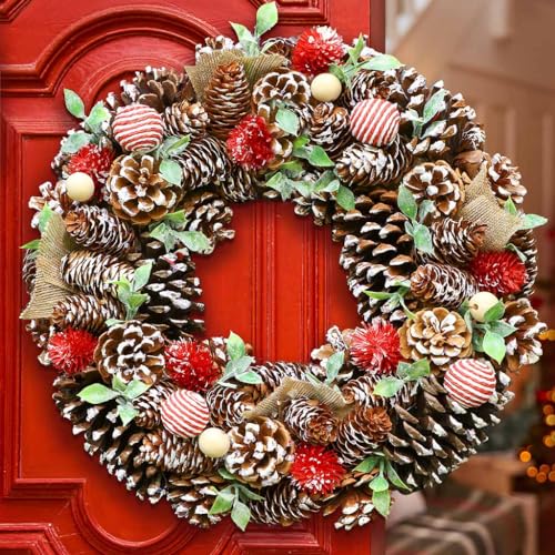 15" Decorated Red Winter Rose, Cotton & Pine Cone Artificial Winter Wreath (BM90)