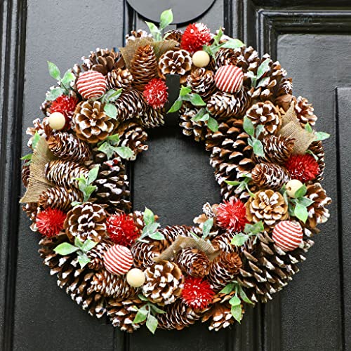 15" Decorated Red Winter Rose, Cotton & Pine Cone Artificial Winter Wreath (BM90)