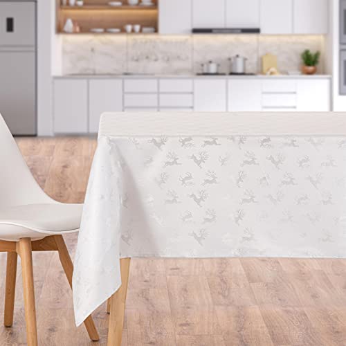 Embossed Metallic Deer Christmas Tablecloth - White & Silver