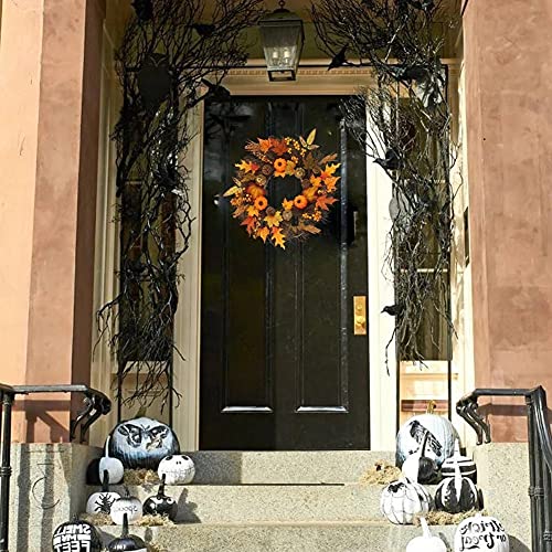 AIRICA 40/45CM Autumn Door Wreaths, Fall Maple Leaf Pumpkin Berry Garland Artificial Harvest Wreath Front Door for Halloween Christmas Thanksgiving Wall Home Outdoor&Indoor Decorations (Type B-45CM)