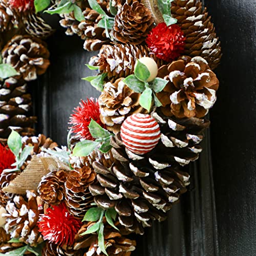 15" Decorated Red Winter Rose, Cotton & Pine Cone Artificial Winter Wreath (BM90)