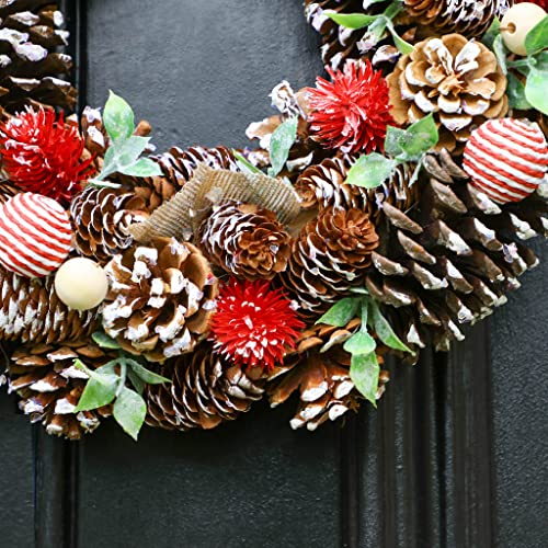 15" Decorated Red Winter Rose, Cotton & Pine Cone Artificial Winter Wreath (BM90)